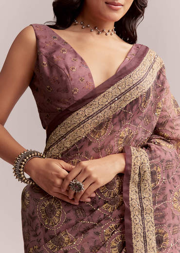 Onion Pink Linen Printed Saree With Traditional Ajrakh Print