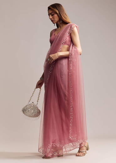 Onion Pink Net Saree With Sequins Embroidery