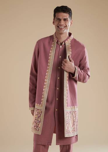 Onion Pink Pashmina Kurta Jacket Set With Thread Resham Work