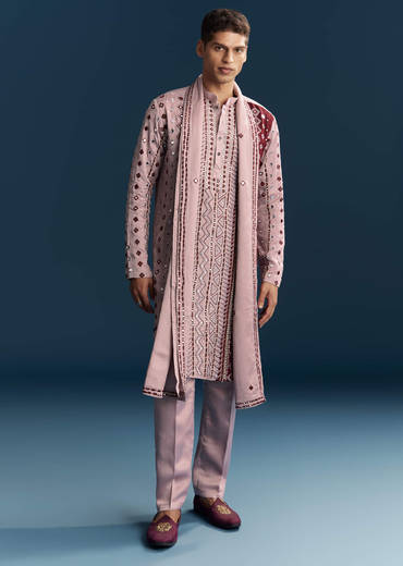 Onion Pink Silk Kurta Set For Men With Mirror And Thread Work