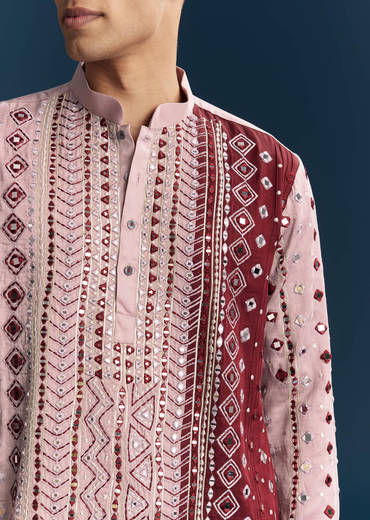 Onion Pink Silk Kurta Set For Men With Mirror And Thread Work
