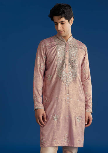 Onion Pink Tissue Kurta Set With Embroidered Yoke