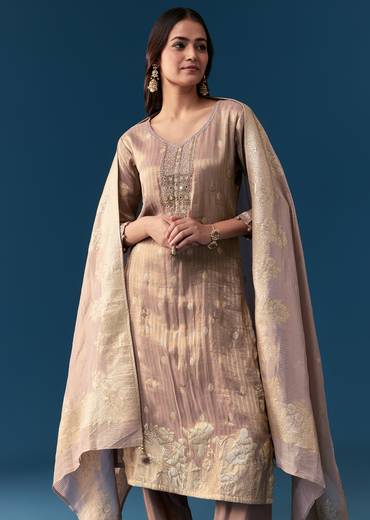 Onion Pink Tissue Kurta Set With Zardosi Detail