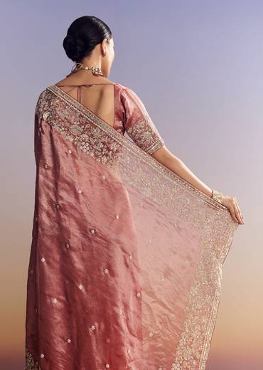 Onion Pink Tissue Saree With Detailed Floral Embroidered Border