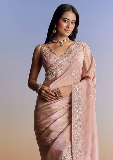 Onion Pink Tissue Saree With Gota Patti Moti And Cutdana Scallop Border