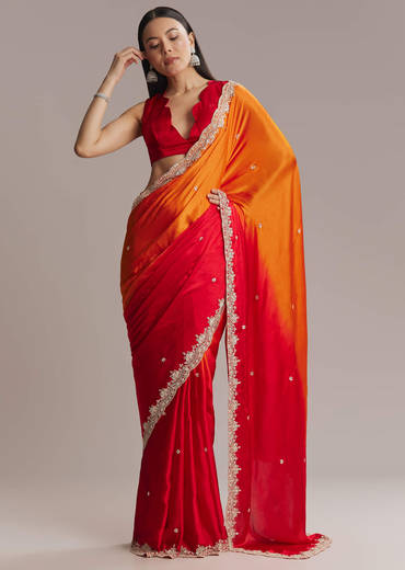 Orange And Red Chinon Saree With Sequin And Bead Embroidery