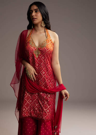 Orange And Red Ombre Silk Palazzo Suit With Bandhani Print