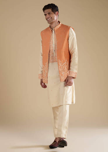 Orange Art Silk Jacket Kurta Set with Mirror Work