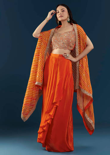 Orange Asymmetric Crop Top Skirt Set with Leheriya Cape
