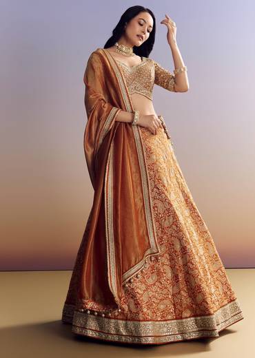Orange Banarasi Lehenga With Embroidered Choli And Dupatta