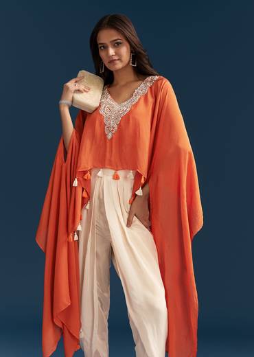 Orange Cape Crop Top Dhoti Set With Moti And Cut Dana Embroidery