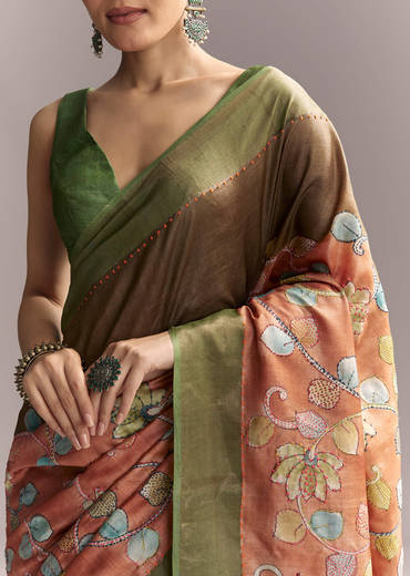 Orange Cotton Saree With Hand Painted Motifs And Green Border