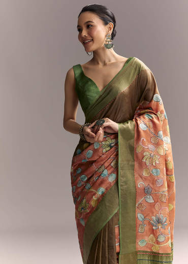 Orange Cotton Saree With Hand Painted Motifs And Green Border