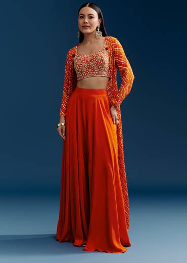 Orange Crop Top Palazzo Set With Printed Chinon Jacket And Zardosi Work