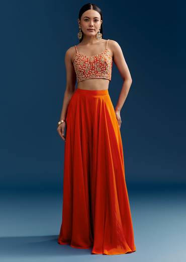 Orange Crop Top Palazzo Set With Printed Chinon Jacket And Zardosi Work