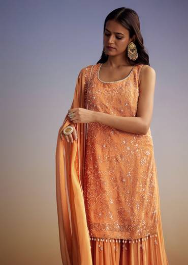 Orange Georgette Sharara Suit With Embroidered Kurta And Dupatta
