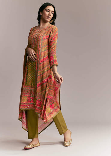 Orange Green Printed Kurta Set