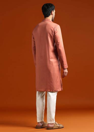 Orange Modal Kurta Set For Men With Thread Work