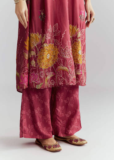 Orange Ombre Crepe Palazzo Suit With Floral Print