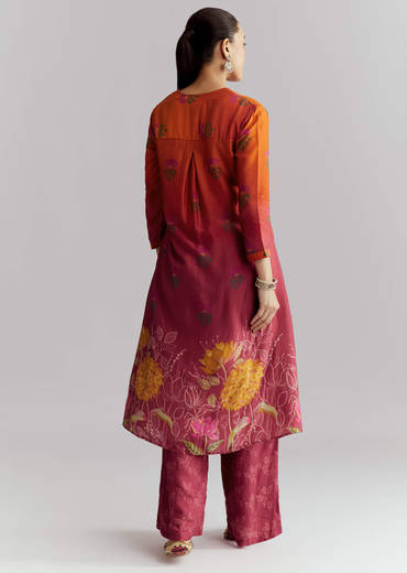 Orange Ombre Crepe Palazzo Suit With Floral Print