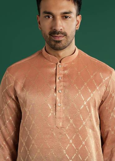 Orange Ombre Silk Kurta Set For Men With Diamond Pattern