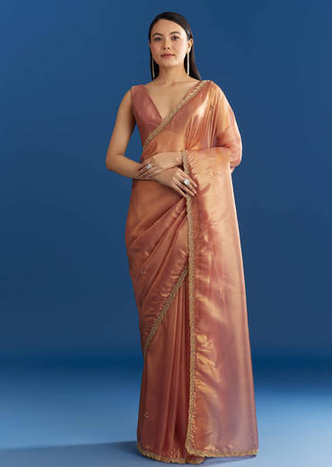 Orange Organza Tissue Saree With Sparkling Scallop Border