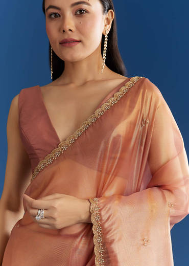 Orange Organza Tissue Saree With Sparkling Scallop Border