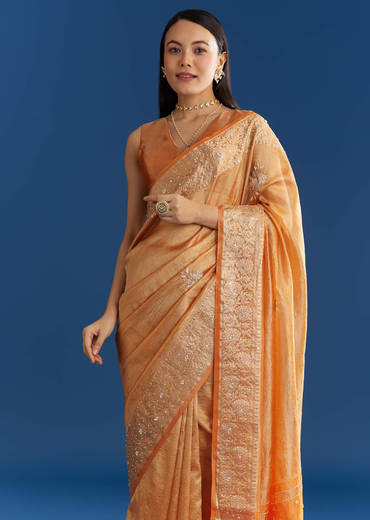 Orange Organza Tissue Saree With Zari Brocade Border