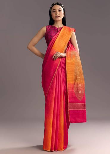 Orange Red Shaded Kora Silk Handloom Saree With Woven Motif