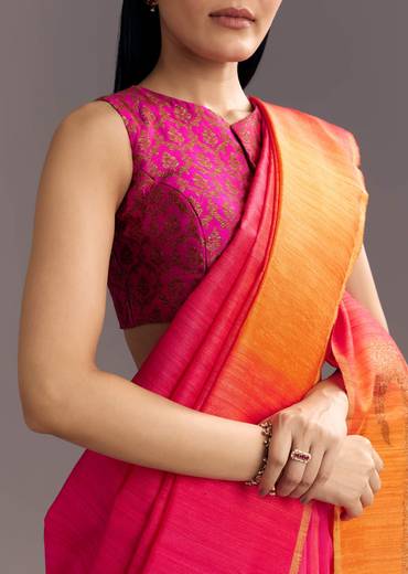 Orange Red Shaded Kora Silk Handloom Saree With Woven Motif