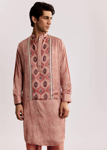 Orange Silk Kurta Set With Ajrakh Print