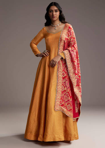 Orange Tissue Anarkali Suit With Butti Work And Printed Silk Dupatta