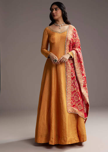 Orange Tissue Anarkali Suit With Butti Work And Printed Silk Dupatta