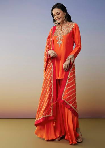 Orange Viscose Satin Palazzo Suit with Zardosi Work