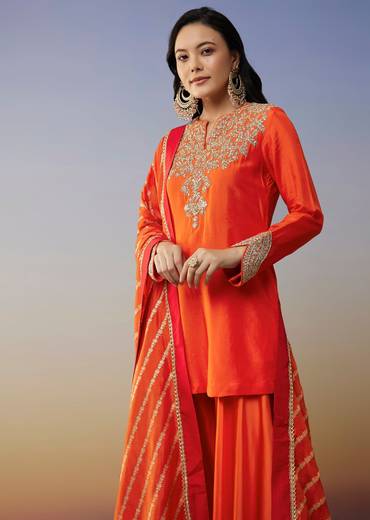 Orange Viscose Satin Palazzo Suit with Zardosi Work