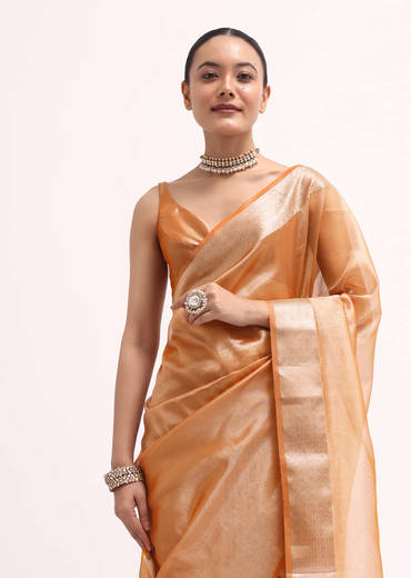 Orangish Gold Zari Chanderi Silk Saree With Unstitched Blouse