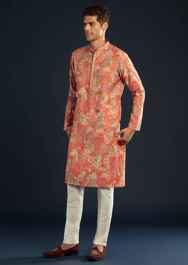 Ornage Silk Kurta Set with Floral Prints