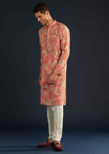 Ornage Silk Kurta Set with Floral Prints