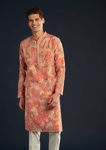 Ornage Silk Kurta Set with Floral Prints