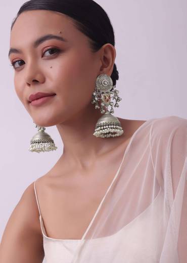 Oxidised Silver Finish Jhumkas With Meenakari Work