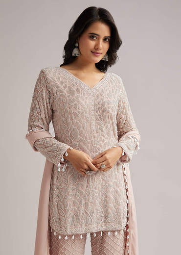 Pale Pink Beaded Kurti Pant Set With Dupatta