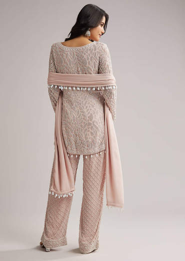 Pale Pink Beaded Kurti Pant Set With Dupatta