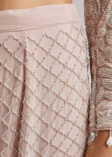 Pale Pink Beaded Kurti Pant Set With Dupatta