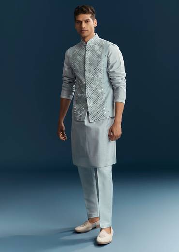 Pastel Blue Silk Kurta Jacket Set With Thread And Mirror Work