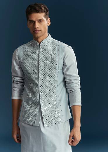 Pastel Blue Silk Kurta Jacket Set With Thread And Mirror Work