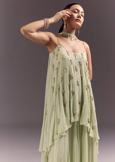 Pastel Green Chinon Embroidered Kurti With Flared Pant Set