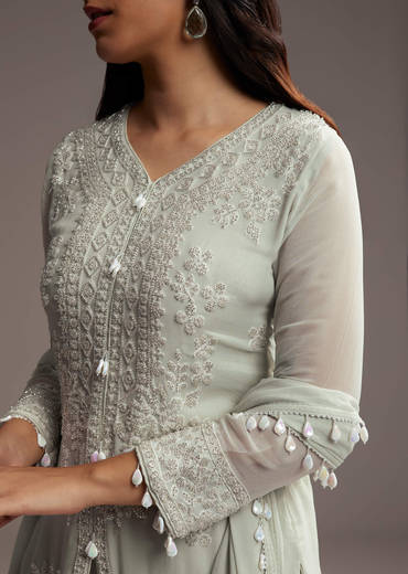 Pastel Green Georgette Kurta Set With Bead Embroidery