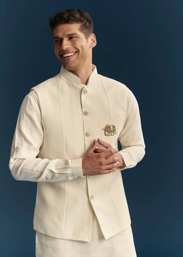 Pastel Off White Silk Kurta Jacket Set With Minimal Thread Detail