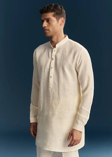Pastel Off White Silk Kurta Jacket Set With Minimal Thread Detail