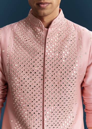 Pastel Pink Silk Kurta Jacket Set With Thread And Mirror Work